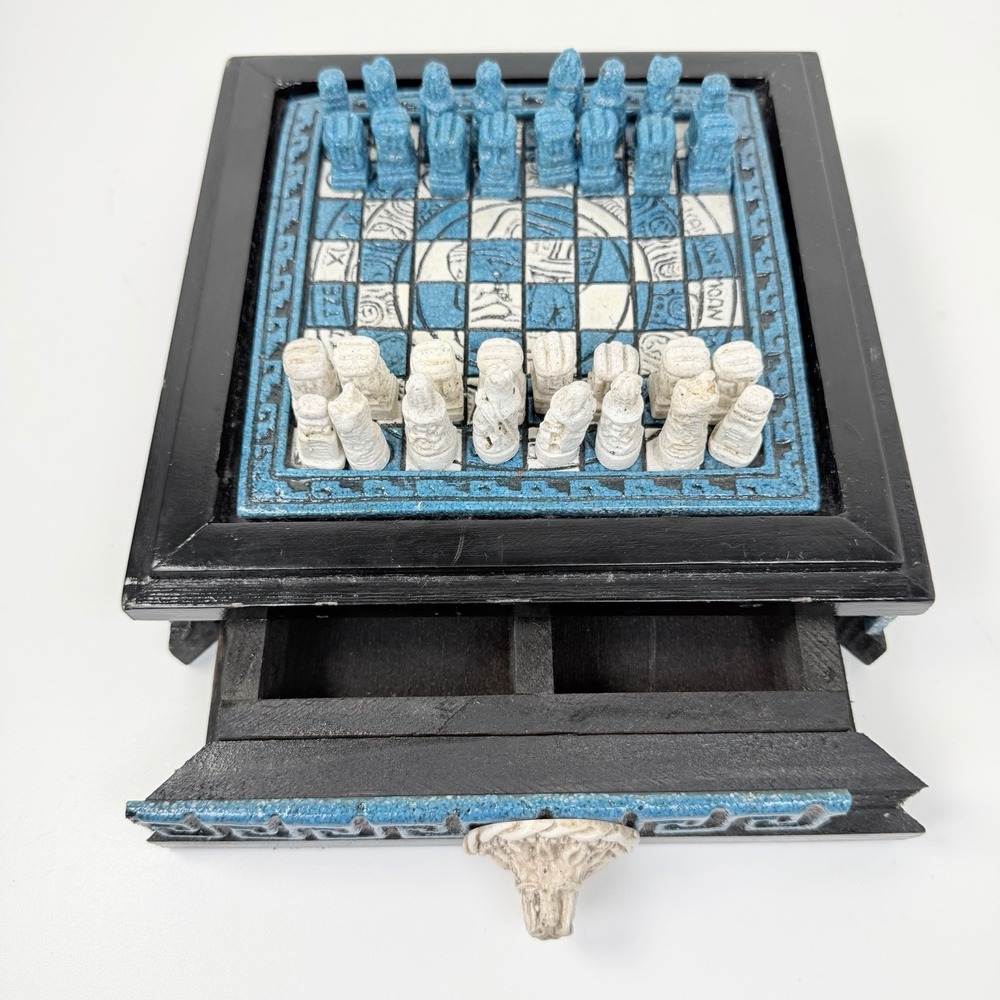 Vintage Mayan Aztec Chess Set Complete Blue & White 8x8 Board